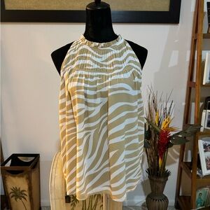 Ann Taylor Women's Ruffle Smocked Neck Sleeveless Blouse Cream Tan Zebra NWOT L